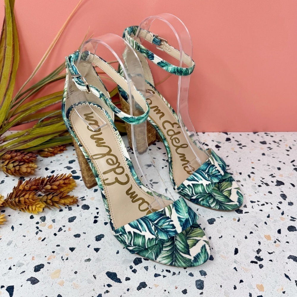 NEW Sam Edelman Yaro Green Leaf Print Women's Rafia Woven Women’s Heels Sz 8.5